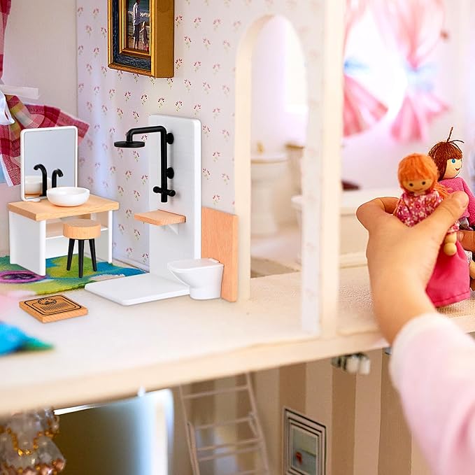 DOITOOL Doll House Bathroom Set 1:12 Scale Dollhouse Furniture, Miniature Dollhouse Modern Bathroom Accessories, Toilet Bathtub Sink and More, Wood and Plastic