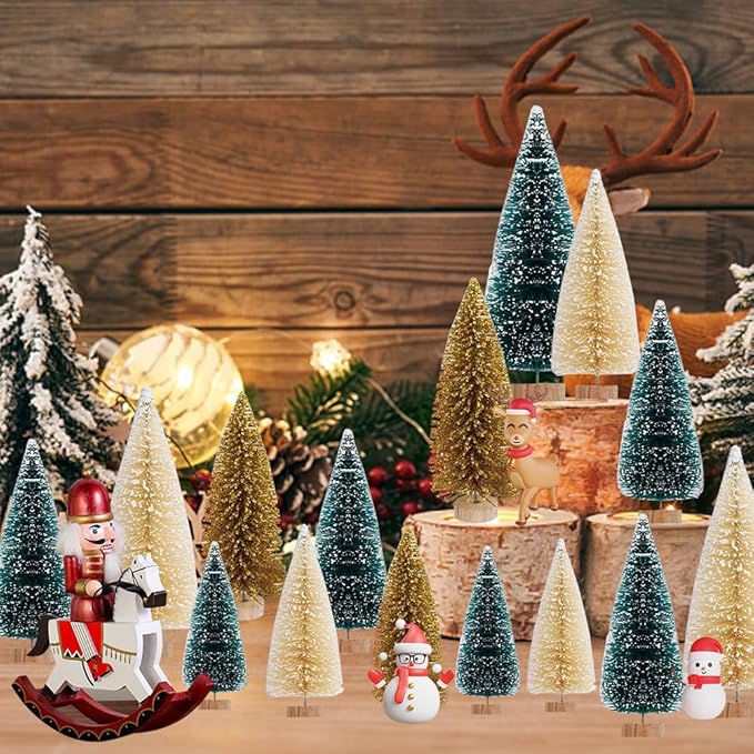 Yahpetes Christmas Tree 24 Pcs Artificial Christmas Trees Miniature Pine Trees 4 Sizes Sisal Trees with Wood Base Bottle Brush Trees for Crafting Displaying Decoration(Blue-Green,White,Gold, 24Pcs)