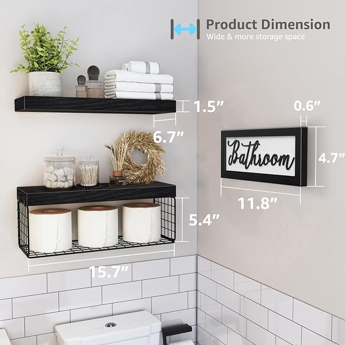 QEEIG ‎Bathroom Shelves Over Toilet - Paper Storage Wall Mounted Farmhouse Decor Decorations Aesthetic Décor Sign Small Floating Shelf 2+1 Set 16 inch, Black (020B)