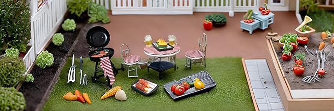 Dollhouse Furniture - Dollhouse Kitchen Miniature BBQ Grill Oven & Dollouse Accessories Table Chairs with Fake Food Scene Model for 1/12 Doll House