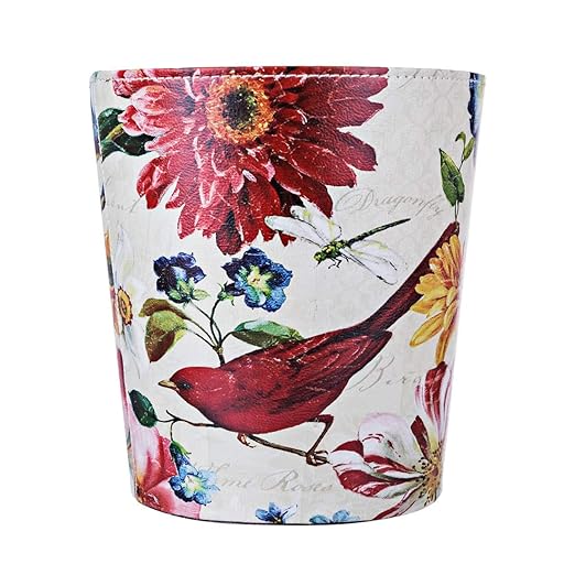 Scakbyer Leather Trash Can, Retro Decorative Waste Basket, 10L Capacity Small Waste Paper Basket, Waterproof Garbage Can for Bathroom, Bedroom, Office, Kitchen and Living Room - Red Bird