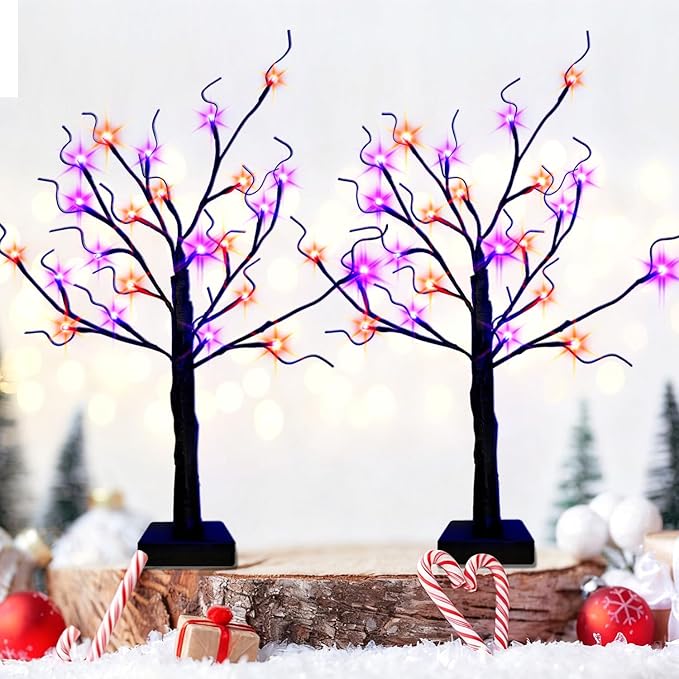 HipTree 2-Pack Lighted Halloween Christmas Fall Tree Decorations Indoor, 2ft Black Birch Tree with LED Lights, Small Tabletop Christmas tree with lights, Warm White Battery- Powered Fairy Light Spirit