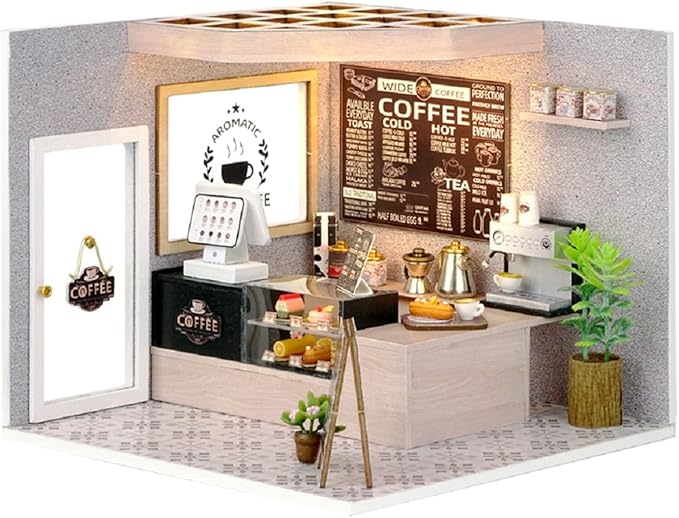 Flever DIY Miniature House Kit, Tiny Home Kit with LED Light, Mini House Build Craft Kits for Adults and Teens, Home Decor Creative Gift for Family/Friends (Leisurely Coffee Shop)