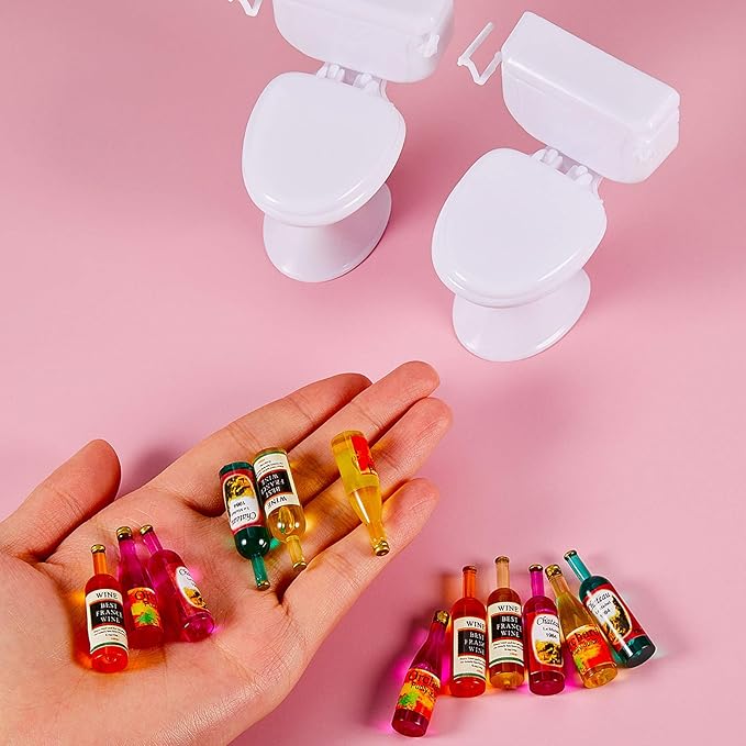 Harrycle 10 Pcs Miniature Wine Bottles with 2 Pieces Mini Toilet Cake Topper Dollhouse Cake Accessories Funny Tiny Toy Set for Celebrating Party Favor Birthday Party Decoration