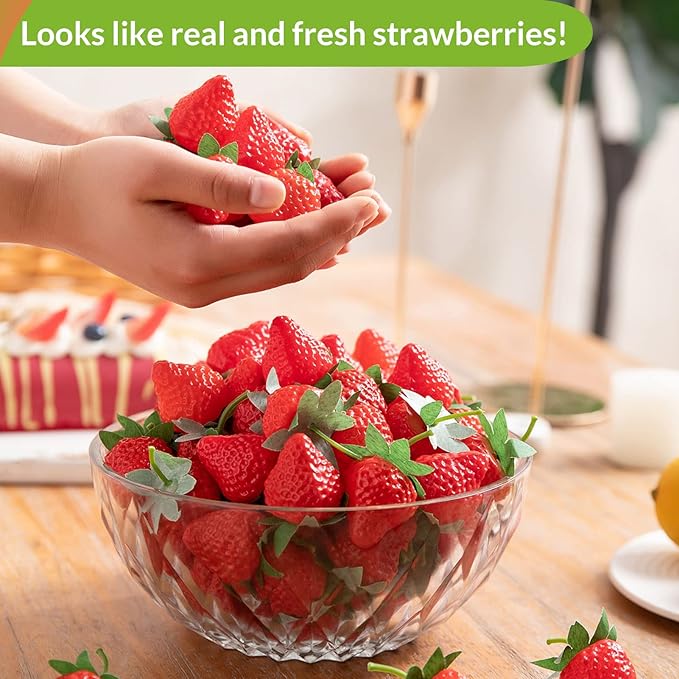 100 Pieces Fake Strawberries Fake Fruit Artificial Strawberry Kitchen Décor Plastic Strawberry Party Decorations Realistic Fake Food Lifelike for Display Photography Props