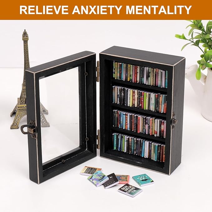 Anxiety Bookshelf Ornament | Small Bookshelf Miniature Library With 100pcs Mini Books| Shake Away Your Anxiety Book Library for Book Lovers Home Office Decor (Black)