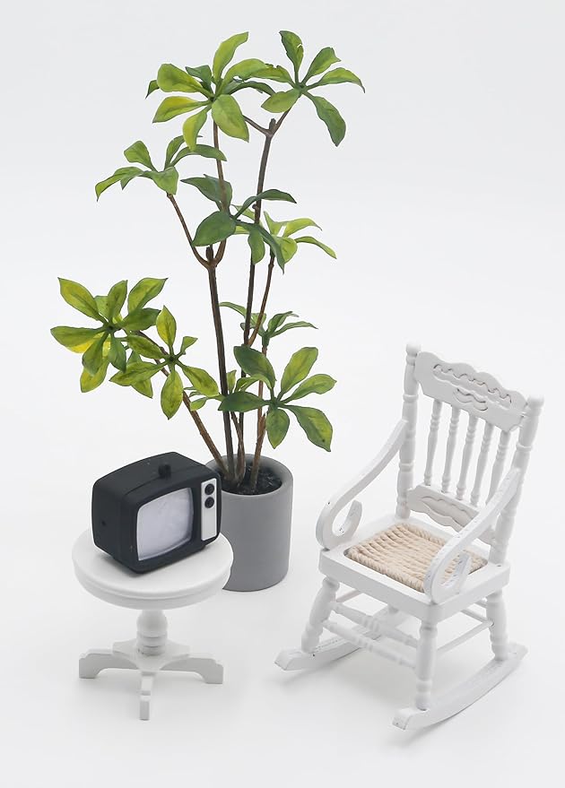 4Pcs 1:12 Dollhouse Wooden Rocking Chair Set Miniature Side Table, Nostalgic TV, Floor Plants Mini House Furniture Accessories for Living Room Bedroom, Kitchen, Outdoor Home Office, Desk