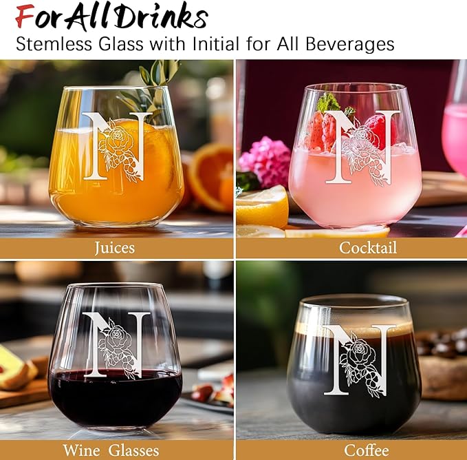 Personalized Gifts for Women, Monogrammed A-Z Wine Glass Customized Gift, Unique Christmas Birthday Gifts for Women Her Mom Friend Sister Wife Daughter Nurse - Dishwasher Safe (N)