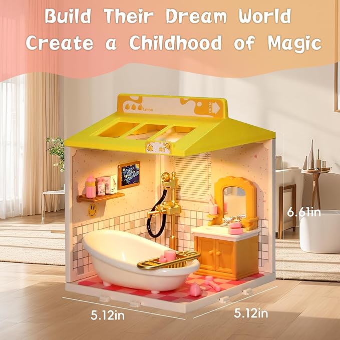 DIY Miniature House Play Kit,Playhouse Toys for Boys and Girls, Home Scene Toys, Suitable for Children Aged 345678, immersive Experience of Life Scenes (Sweet Bubbles Bathroom)