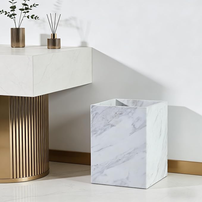 Modern Square White Marble Waste Basket, Natural Stone Bathroom Trash Can, Decorative Home Garbage Container, Beautiful Marble Look Rubbish Bin for Bathroom, Bedroom, Kitchen, Home Office