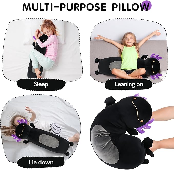 22inch Black Axolotl Stuffed Animal, Soft Long Pillow Doll Cute Axolotl Plush Body Pillow Plushies Toy Gift for Kids, Boys Birthday, Halloween, Christmas