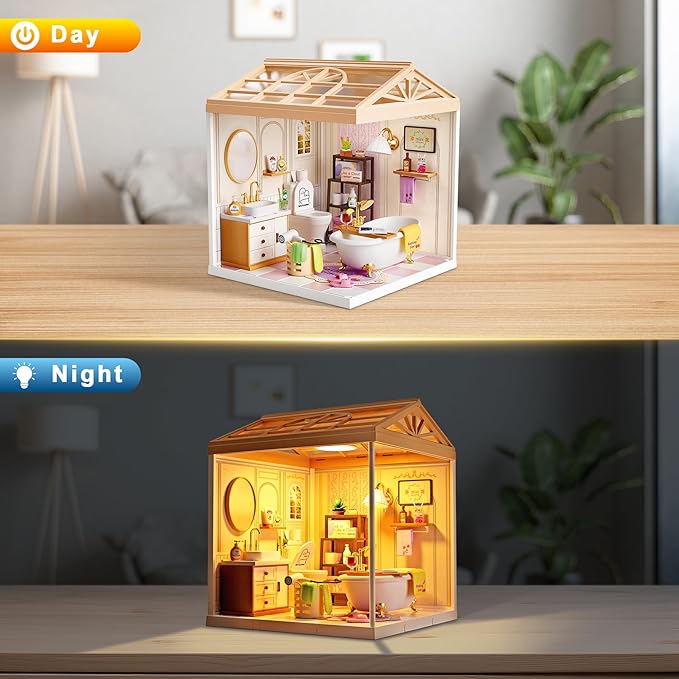 DIY Miniature House Kit with Roof & Dust Covers, Creative Construction Toys with Light & Furniture for Mini Figures, Christmas Decoration Gift for Teens Adults (Bathroom)