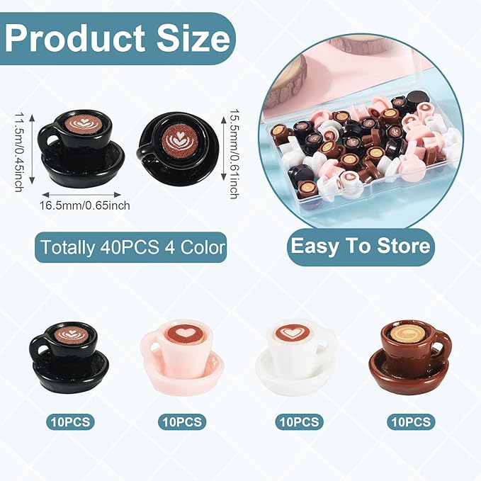 Craftdady 40 pcs Mini Resin Coffee Cup Miniature Tiny Fake Coffee Mug Plate Lovely 3D Tableware Latte Drink Beverage Small Food Ornaments for Jewelry Making Micro Landscape Party Desktop Decorations