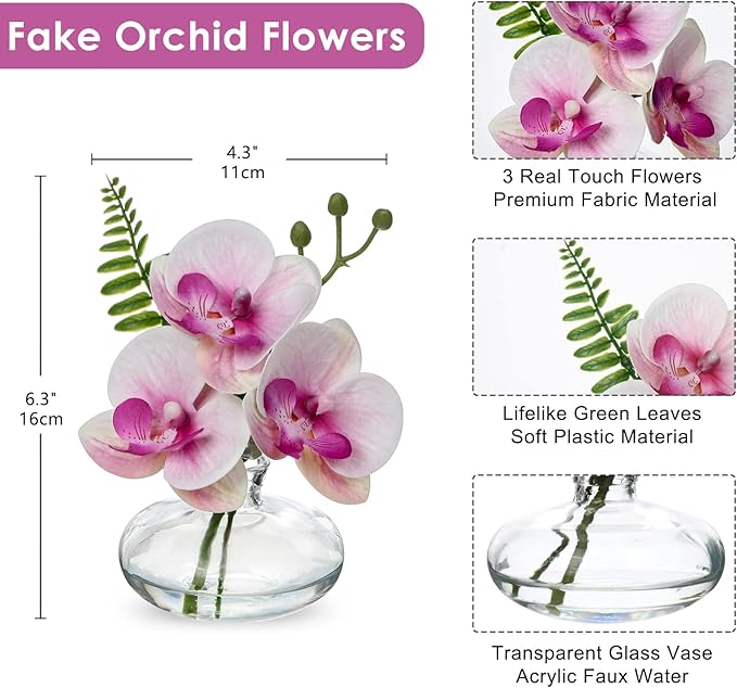 Oairse Pink Orchids Artificial Flowers Faux Orchids Arrangement in Clear Glass Vases Set of 3 Real Touch Phalaenopsis Orchid Flowers Small Fake Orchid Centerpiece for Dining Room Table