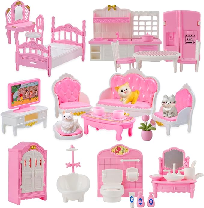 46Pcs Dollhouse Furniture Accessories Set Mini House Furniture Small Dollhouse Miniature Furniture Pretend Play House 1:12 Mini Kitchen Bedroom Livingroom Bathroom Tiny Toy Boy Girl Kid Toddler