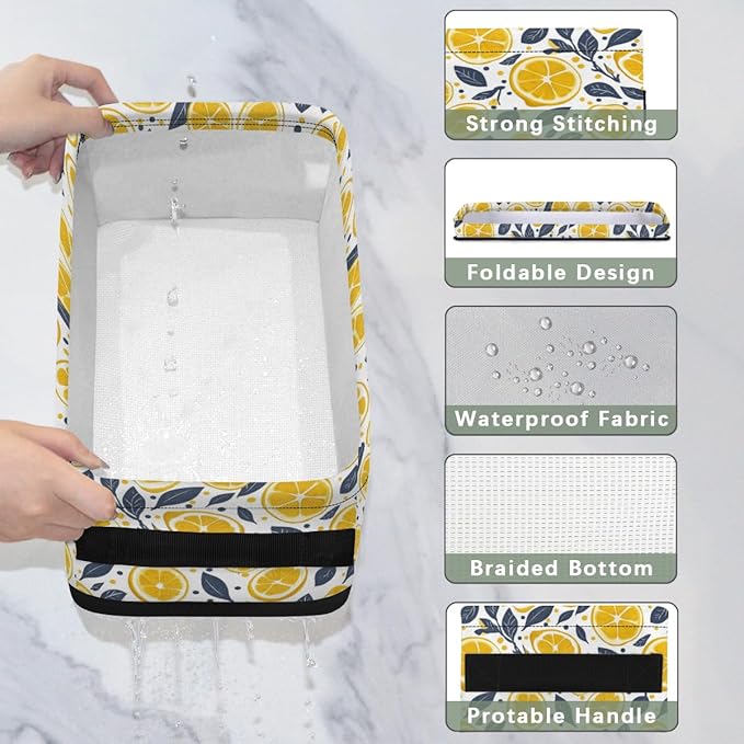 Lemon Leaves Print Bathroom Storage Baskets Waterproof Bathroom Counter Organizer Decorative Toilet Paper Storage Basket for Organizing for Bathroom Living Room Decor