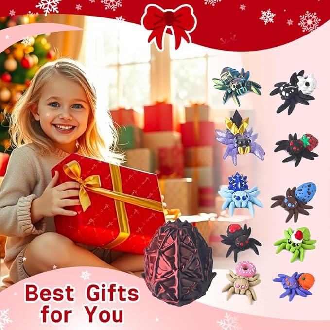 3D Printed Dragon Egg with 10 Unique Spiders,3D Printed Animals,Stocking Stuffers,Surprise Spider Set for Party Favors (Black-Red)