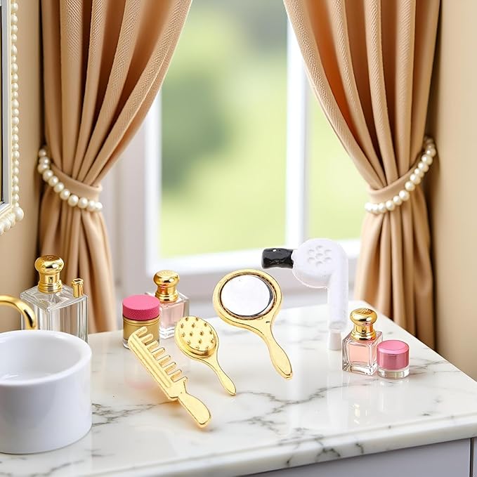 Miniature Comb and Hair Dryer Set for Dollhouses, 4Pcs Mini Bathroom Accessories, Mirror and Makeup Decor for Dollhouse Displays