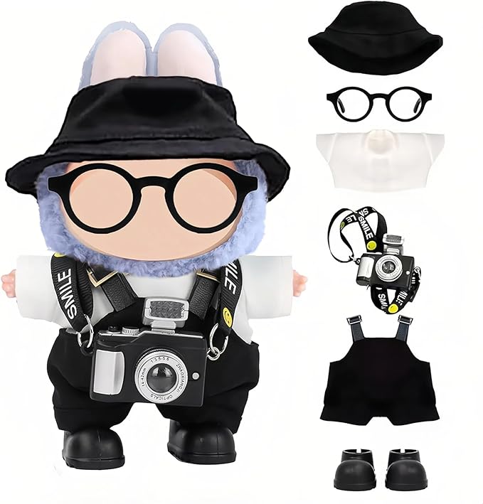 17cm Doll Clothes – 6-Piece Set, Hat + Overalls + Shirt + Camera + Glasses + Shoes, Cute and Premium Dolls Outfit Accessories (Black)