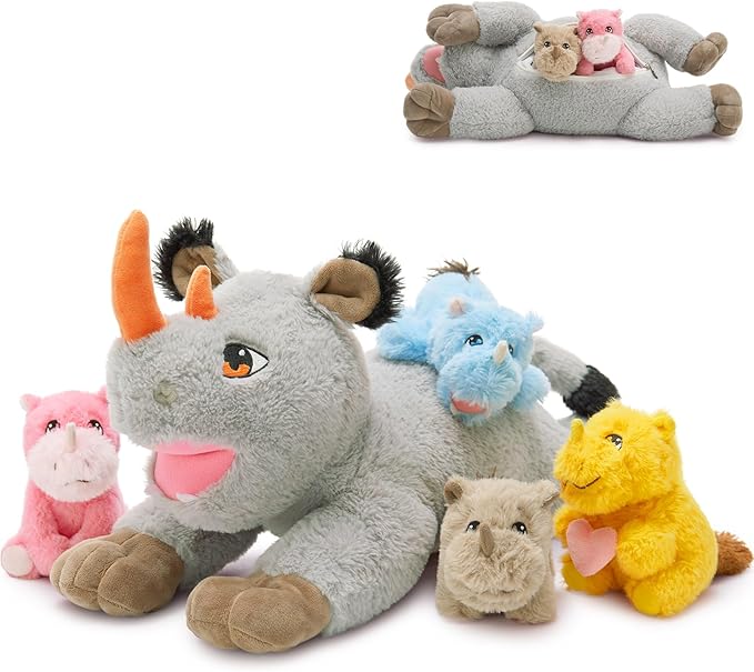 19.5“ Rhino Stuffed Animal Plush, Mother Rhinocero Plush Toy with 4 Baby Rhino plushies Inside, Soft Wild Animal Stuffed Toy for Kids Boys, Adorable Gifts for Brithday Baby Shower Christmas