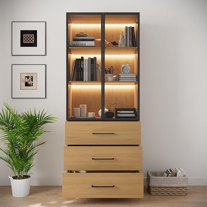 78.7" Oak Display Cabinet with 3 Drawers, 3 -Tier Storage Cabinet with LED Lights, Tall Bookcasse Storage Cabinet, LED Display Case for Collectible, Living Room, Office, Kitchen