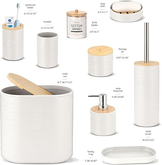 IMAVO Bathroom Accessory Set-11Pcs White Bathroom Accessories Set with Trash Can,Soap Dispenser,Soap Dish,Toothbrush Holder,Toothbrush Cup,Toilet Brush Holder,Qtip Holder Dispenser with Labels
