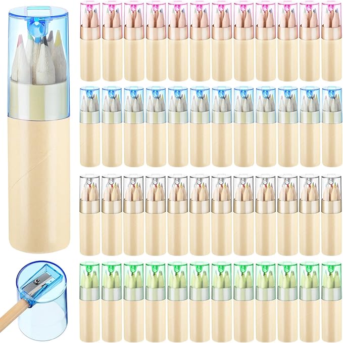 Kosiz 24 Pack Mini Colored Pencils with Sharpener Bulk Valentines Gifts Bulk 3.5" Drawing Portable Handheld Coloring Pencils in Tube for Artists Writing Sketching(6 Colors)