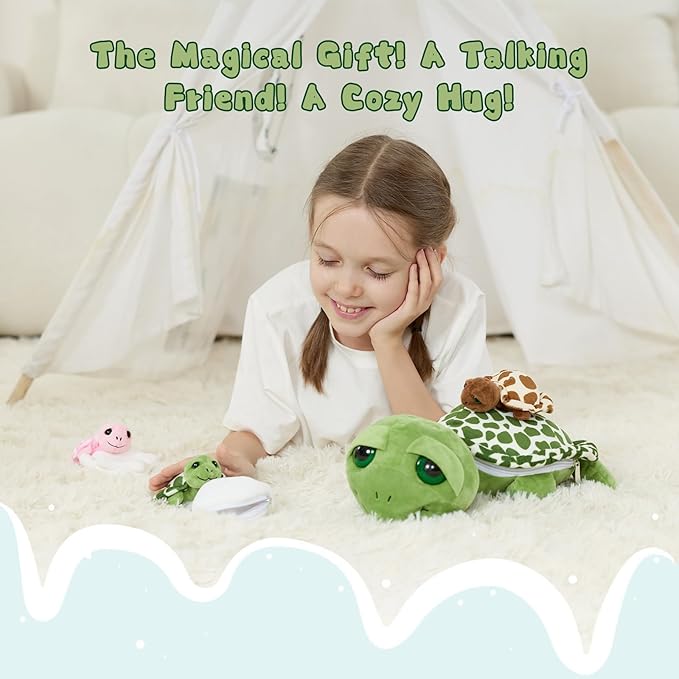 6Pcs Sound Turtle Plush Toy, 14" Talking Mother Turtle Stuffed Animal with 3 Baby Tortoise & 2 Eggs, Stuffed Educational Sea Creature for Kids, Ocean Plushies Gift for Birthday Christmas