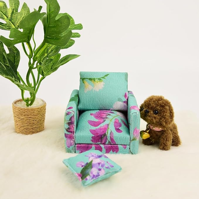 Funky Mini House Miniature Dollhouse Armchair 1:12 Scale Dollhouse Corduroy Armchair+Pillow - Green Floral Armchair & Matching Cushion Set for Dollhouse Decor Ideal Birthday (Green)
