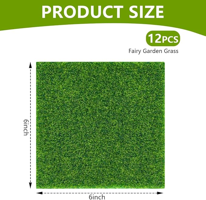 12 Pack Fairy Garden Grass 6 x 6 Inches Miniature Artificial Craft Grass for Dollhouse Ornament DIY Decoration