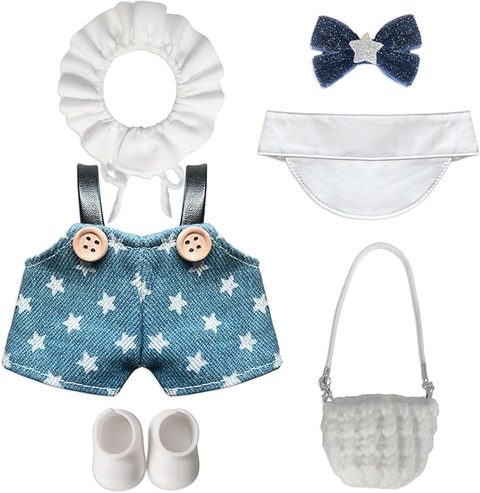Clothes for 6.7inch /17cm Dolls (Without Dolls) ,Sets and Accessories,6pc Set（Overalls + hat + Bow + Vintage Collar + Bag + Shoes）(Star Overalls)