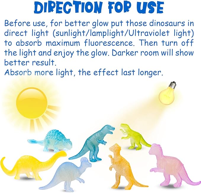 48Pcs Glow in Dark Mini Dinosaur Figures Birthday Party Favors Supplies Dino Cupcake Toppers Pinata Goodie Bags Stuffers Classroom Prizes Carnival Treasure Box Trinkets Bulk Toy Kids Goody Treat Gifts