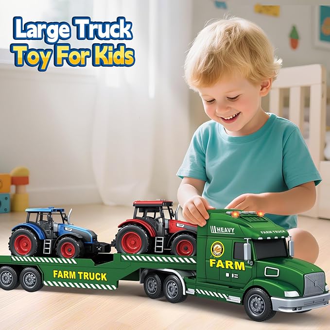 Toddler Boy Toys for 3 4 5 6 7 Years Kids, 27" Semi Flatbed Truck Toy with 2 Tractors, Friction Powered Vehicles Toys with Lights and Sounds, Birthday for Boy Girls