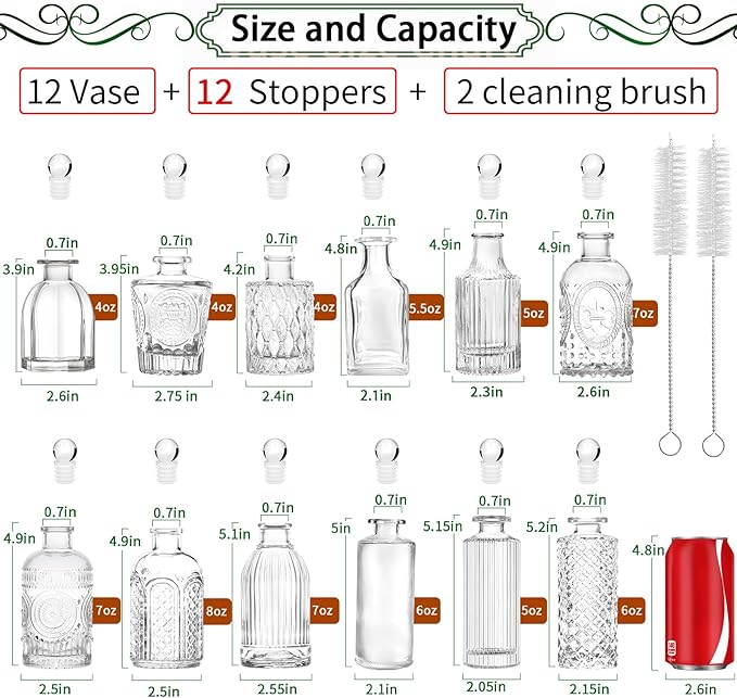 Clear Glass Bottles with Lids Bud Vases in Bulk Set of 12 Mini Flower Vase for Table Decor Small Bottle for Potion,Juice, Oils, Vinegar,Whiskey,Wine, with 2 Cleaning Brush,Dishwasher Safety