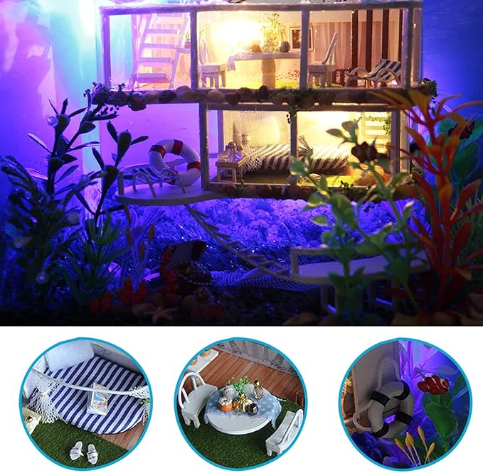 GuDoQi DIY Miniature Dollhouse Kit, Tiny House kit with Furniture and Dust Proof, Miniature House Kit 1:24 Scale Beachside Bungalow, Great Handmade Crafts Gift for Birthday Christmas Day