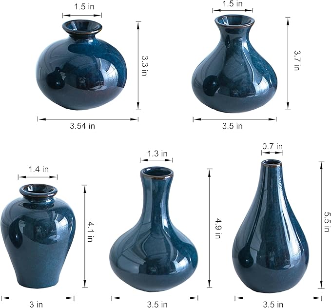 Small Ceramic Vase Set of 5, Blue Bud Vase, Boho Decorative for Fireplace, Entryway and Living Room, Centerpiece Table Decorations