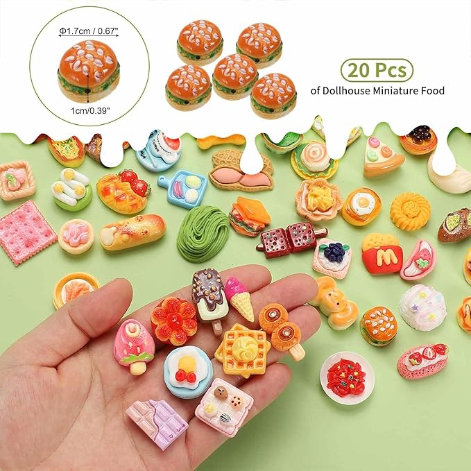 Dollhouse Miniature Food, Cute Sesame Burger Figures Toys Mini Resin Foods Trinkets for Pretend Play Kitchen Cooking Game & Doll House Decor (Mixing Colors, 20pcs)