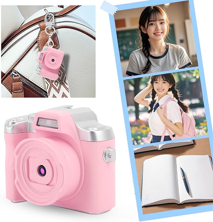 Zunate Mini Keychain Camera, 48MP HD Mini Retro Digital Camera, Portable Small Cameras Vintage Compact Micro Cameras, 1.54 inch HD Screen for Travel Study Recording (Pink)