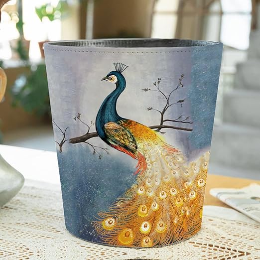 Scakbyer 10L/2.64 Gallon Trash Can, Decorative Waste Basket, PU Leather Waste Paper Basket, Waterproof Garbage Can for Bathroom, Bedroom, Office, Kitchen and Living Room - Peacock-6