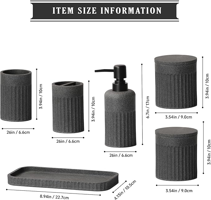 INIUNIK Bathroom Accessory Set - 6 Pieces Bathroom Accessories Set Complete with Soap Dispenser, Toothbrush Holders, Tumbler, Vanity Tray and 2 Qtip Holder for Home Organizer and Decor, Dark Grey
