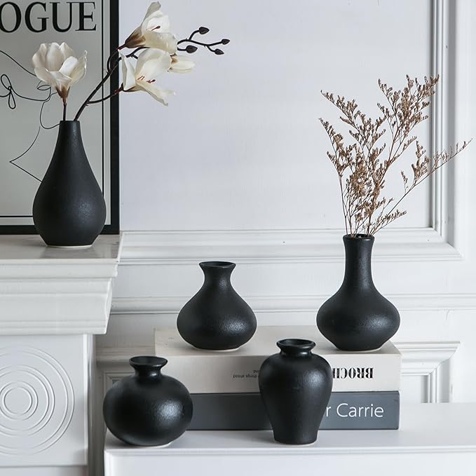 Small Black Vases, Ceramic Bud Vase Set of 5, Mini Pottery Vases for Pampas Grass, Flowers, Decorative Vases for Home Modern Decor, Rustic Decor, Veses for Living Room Dining Table Shelves