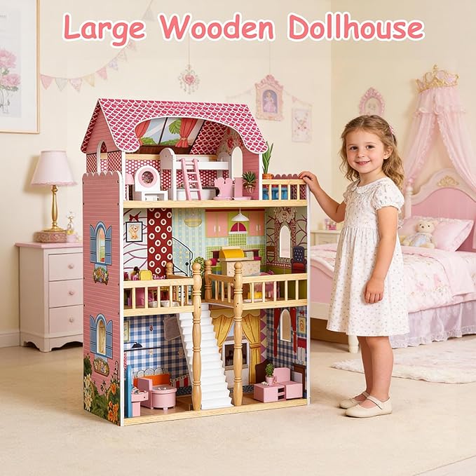 3 Story Wooden Doll Cottage with Balcony, Stairs & 14 Furniture Accessories | Large Multi-Level Dollhouse Playhouse for 5 Inch Dolls | Creative Educational Toy for Boys & Girls Ages 3+