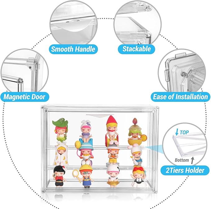 Clear Acrylic Display Case, 3 Tier Acrylic Blind Box for Figures, Dustproof Storage Organizer with Magnetic Door for Action Figures, Stackable Collectibiles Showcase for Doll Toy Car Model