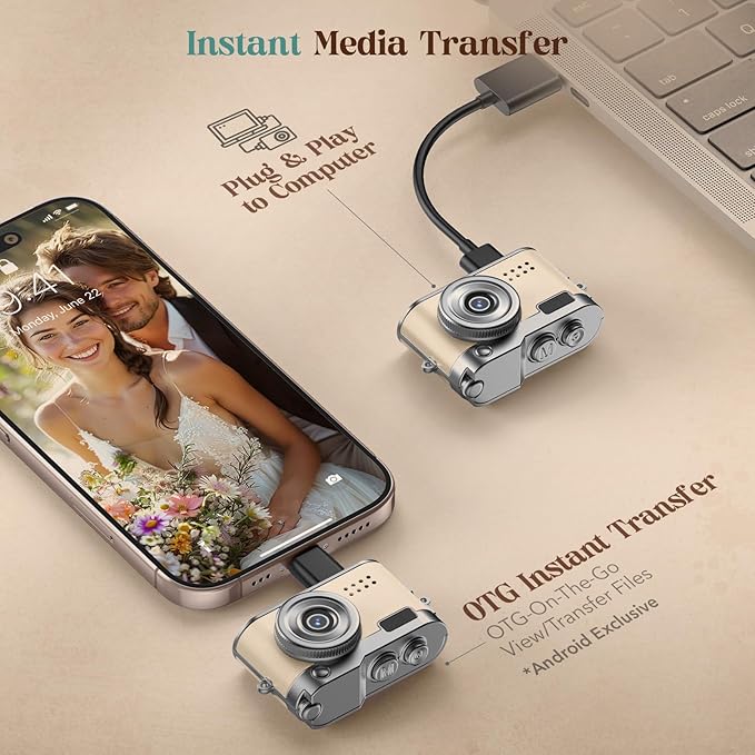 HOTU Mini Digital Camera, Keychain Camera 1080P HD with 2MP Lens, Flash, Video Recording, 32G Card Included, Portable and Compact Retro Vlog Camera for Travel, Kids, Beige