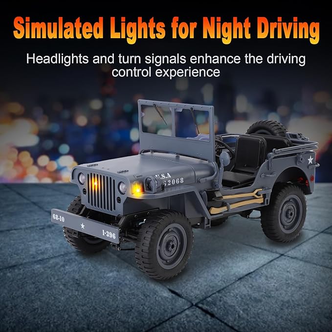 RC Crawlers, 1:10 Scale D888 Willys Military Jeep, 2.4Ghz 4WD Off Road Rock Crawler with Lights, Removable Accessories All Terrain RC Jeep Toy for Adult Teens-Upgradable (2 Batteries)