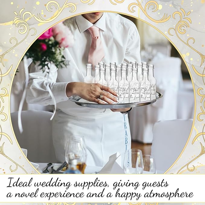 Bokon 50 Pcs Mini Wedding Liquor Bottles Take a Shot We Tied The Knot Shot Glasses for Guests 1.7 Fl Oz/ 50 ml Plastic Reusable Empty Bottle with Cap Funnel Acrylic Mini Glasses for Bridal (Silver)