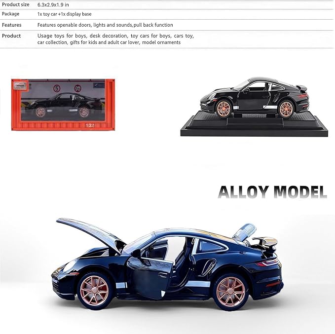 Toy Cars for Kids Ags 3+ Turbo S Alloy Diecast Model Cars,Pull Back Car Toy with Light and Sound Sports Race Car Gifts for Boys Age 3-8 Black