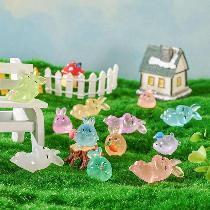 Beadthoven Luminous Mini Easter Rabbit Figurine Cute Miniature Easter Bunny Animals Ornaments for Dollhouse Fairy Garden Decoration Accessories DIY Craft Micro Landscape