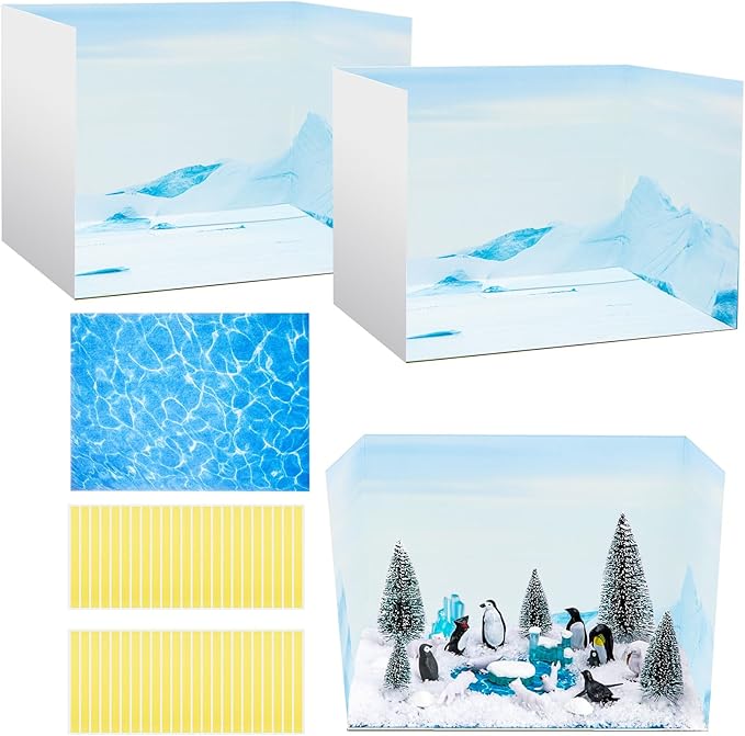 AmazingSpark 2 Set Arctic Style Habitat Diorama Box and Water Sticker Decor, Diorama Project Supplies Set, Cardboard Display Case Kit & Water Sticker with Double Sided Tapes for DIY Crafts Dollhouse