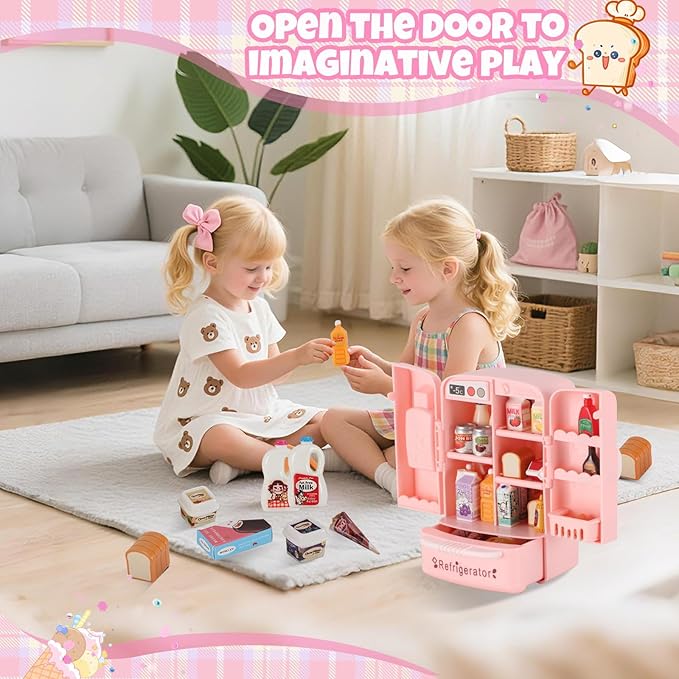 Mini Refrigerator Toy, Fill The Fridge with Ice Cream, Juice & 40+ Mini Food Toys for Dollhouse Accessories & Kitchen Playset. Realistic Refrigerator Play Gift for Kids.